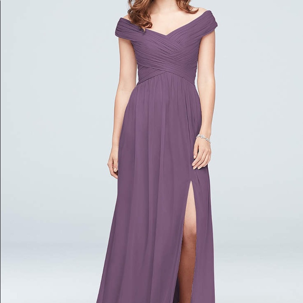 Crisscross Off-the-Shoulder Mesh Bridesmaid Dress Purple Size 2